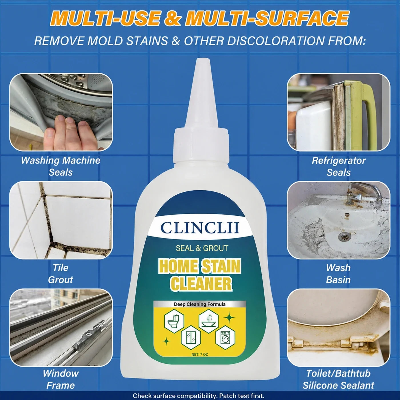 Clinclii gel application areas — washer seals, grout, bathroom edges and compatible household surfaces