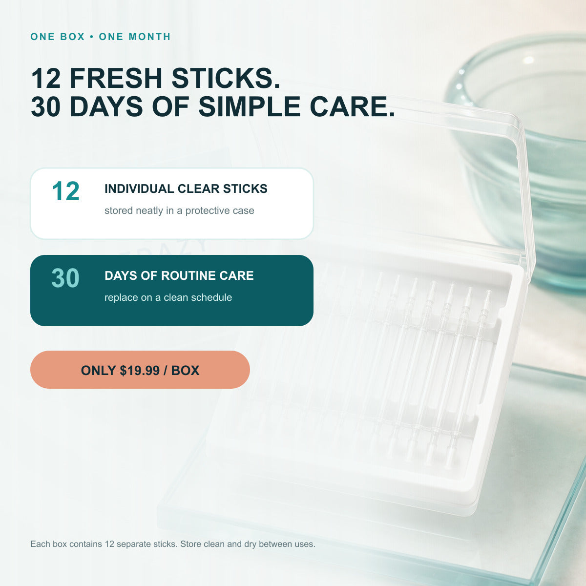One box contains 12 individual clear ear care sticks for a 30-day routine