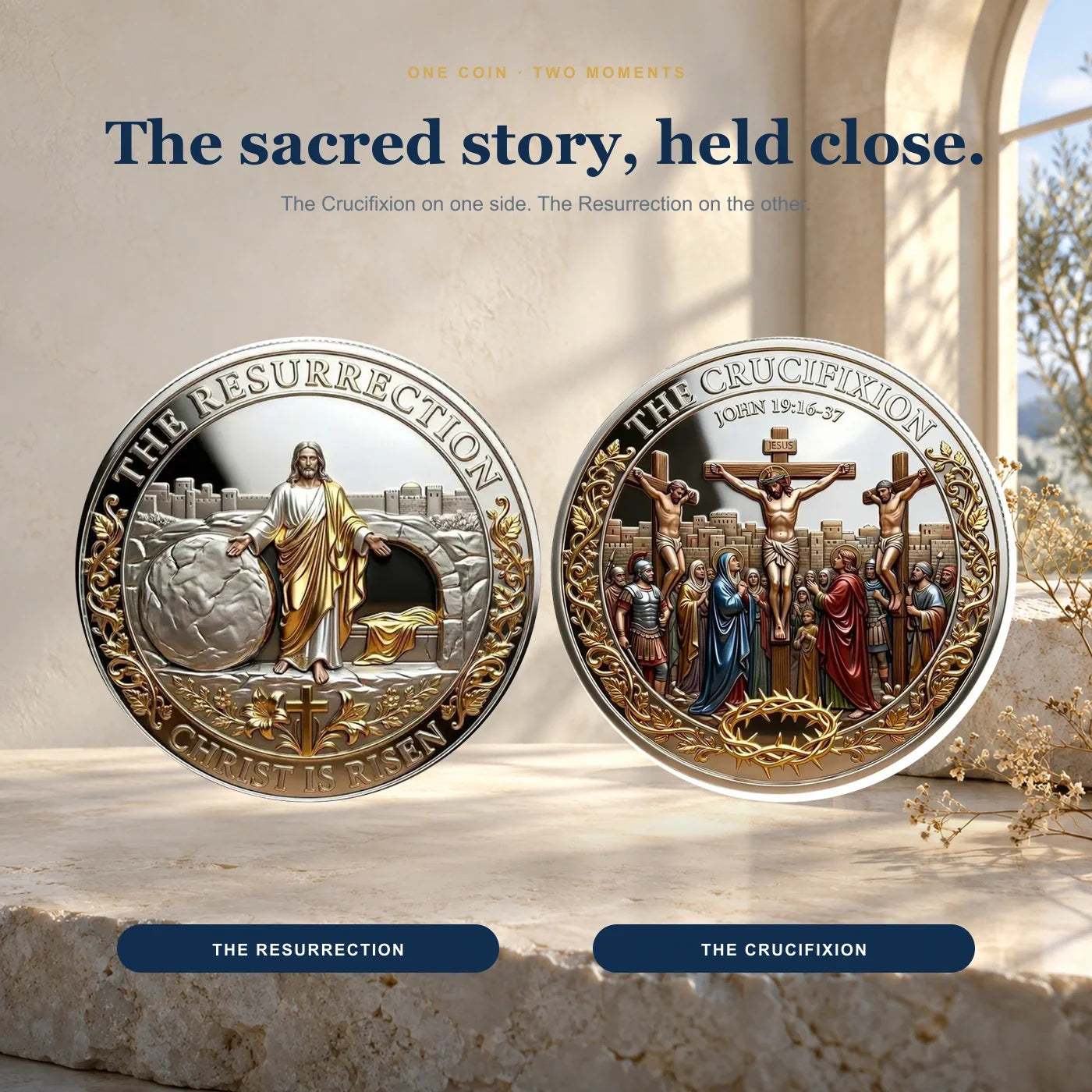 Two sacred scenes on one commemorative coin — Resurrection and Crucifixion