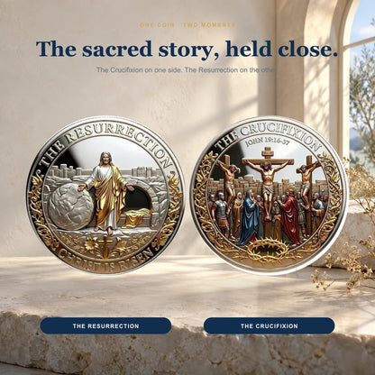 Two sacred scenes on one commemorative coin — Resurrection and Crucifixion