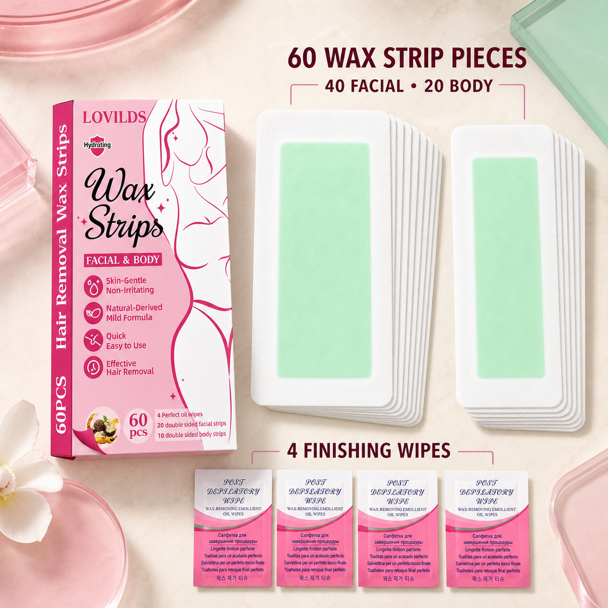 LOVILDS 60-piece wax strip kit contents with facial strips body strips and four finishing wipes