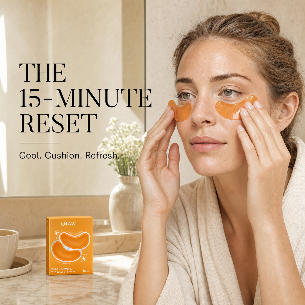 Woman applying QIAWI orange jelly eye patches during a 15-minute morning ritual