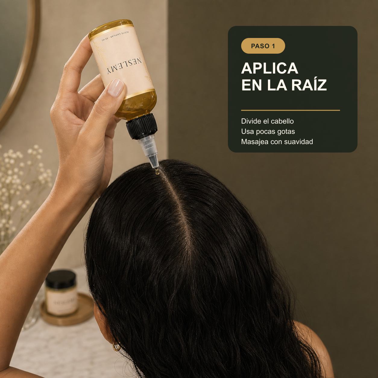 Aplicación controlada del aceite NESLEMY directamente en la raíz