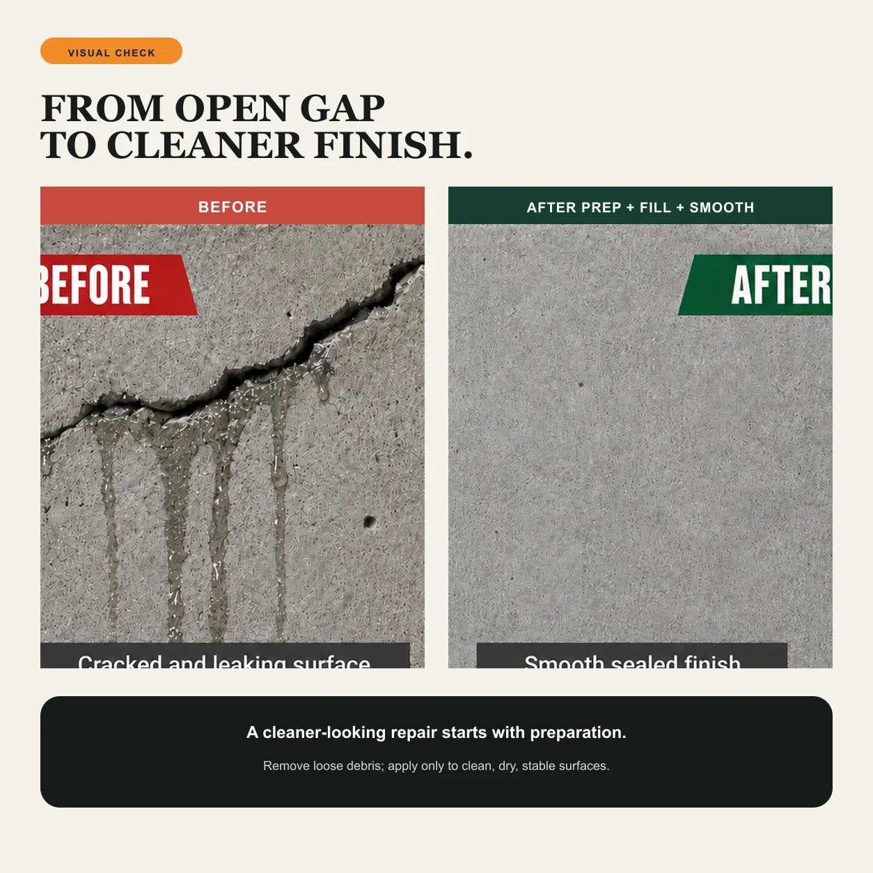 Concrete surface crack before and after a prepared cosmetic repair