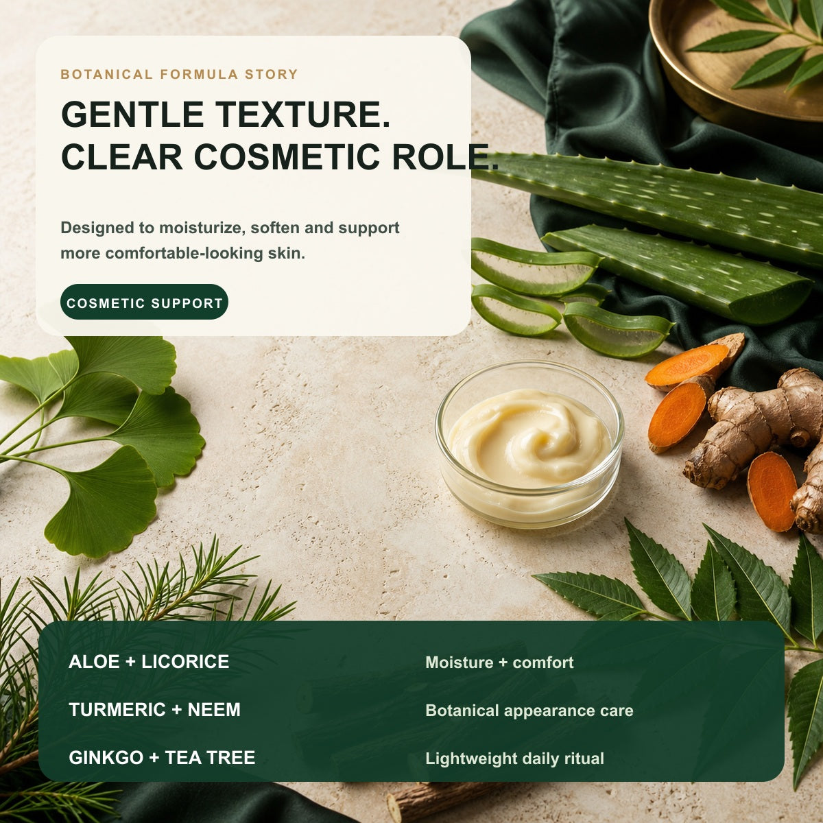 Botanical formula story with aloe licorice turmeric neem ginkgo and tea tree