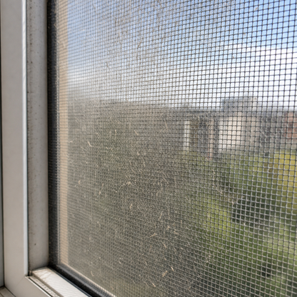 Dust and pollen collected on insect screen mesh before cleaning
