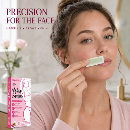 Woman applying a small LOVILDS facial wax strip near the upper lip