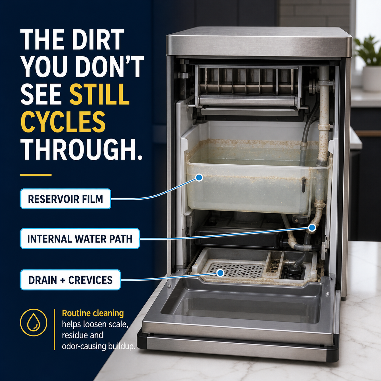 Hidden mineral film residue and drain buildup inside a countertop ice maker