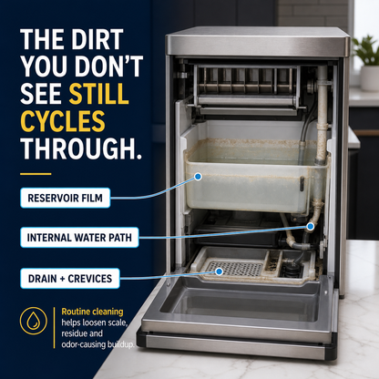 Hidden mineral film residue and drain buildup inside a countertop ice maker