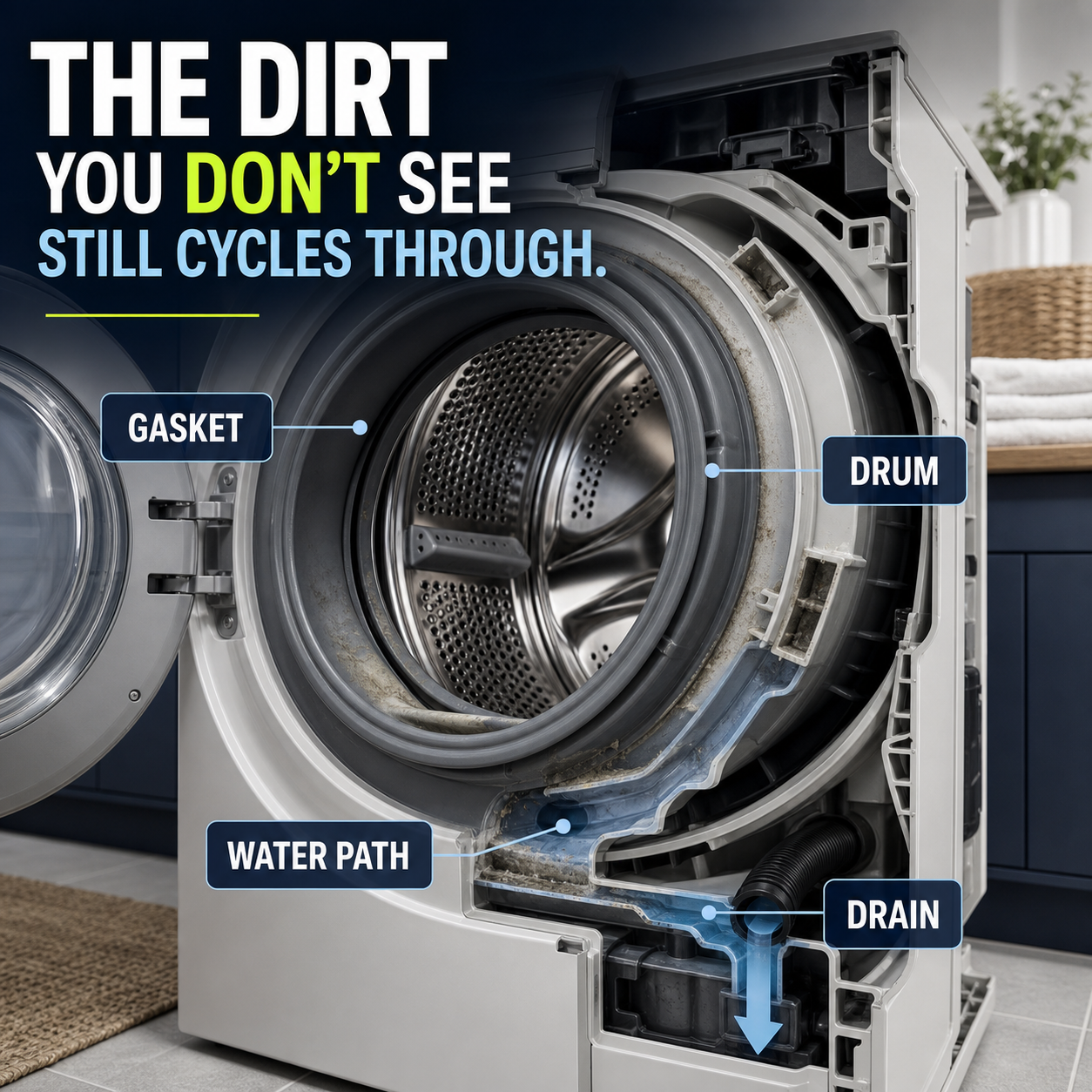 Hidden washing machine buildup zones at the gasket drum water path and drain