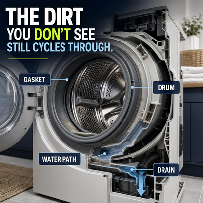 Hidden washing machine buildup zones at the gasket drum water path and drain