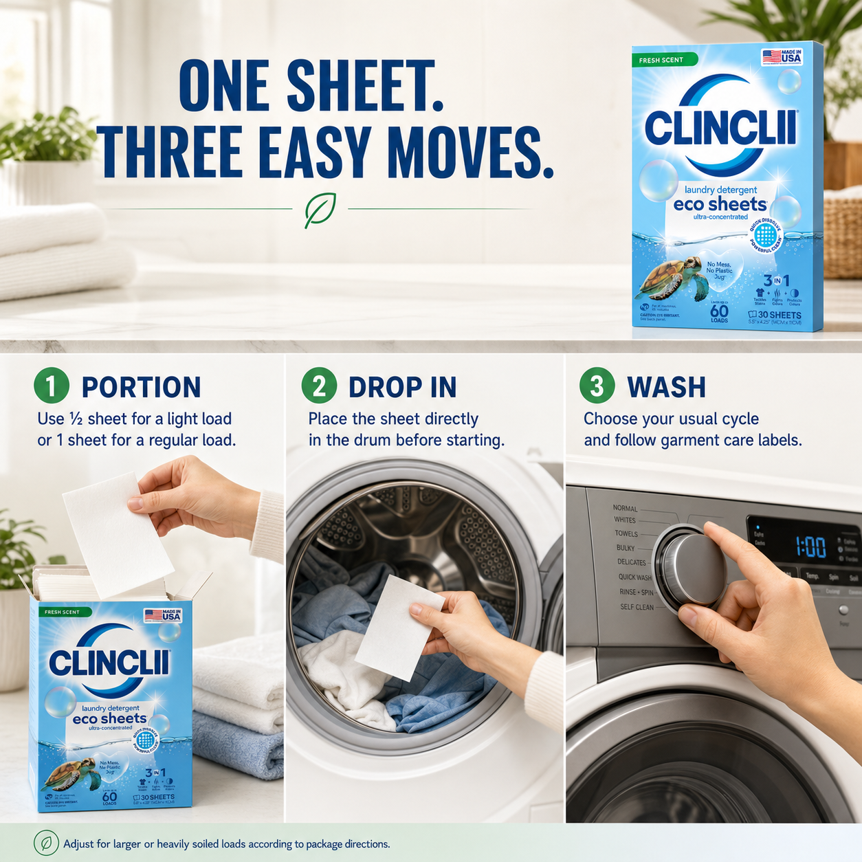 CLINCLII laundry sheets three step portion drop and wash guide in English