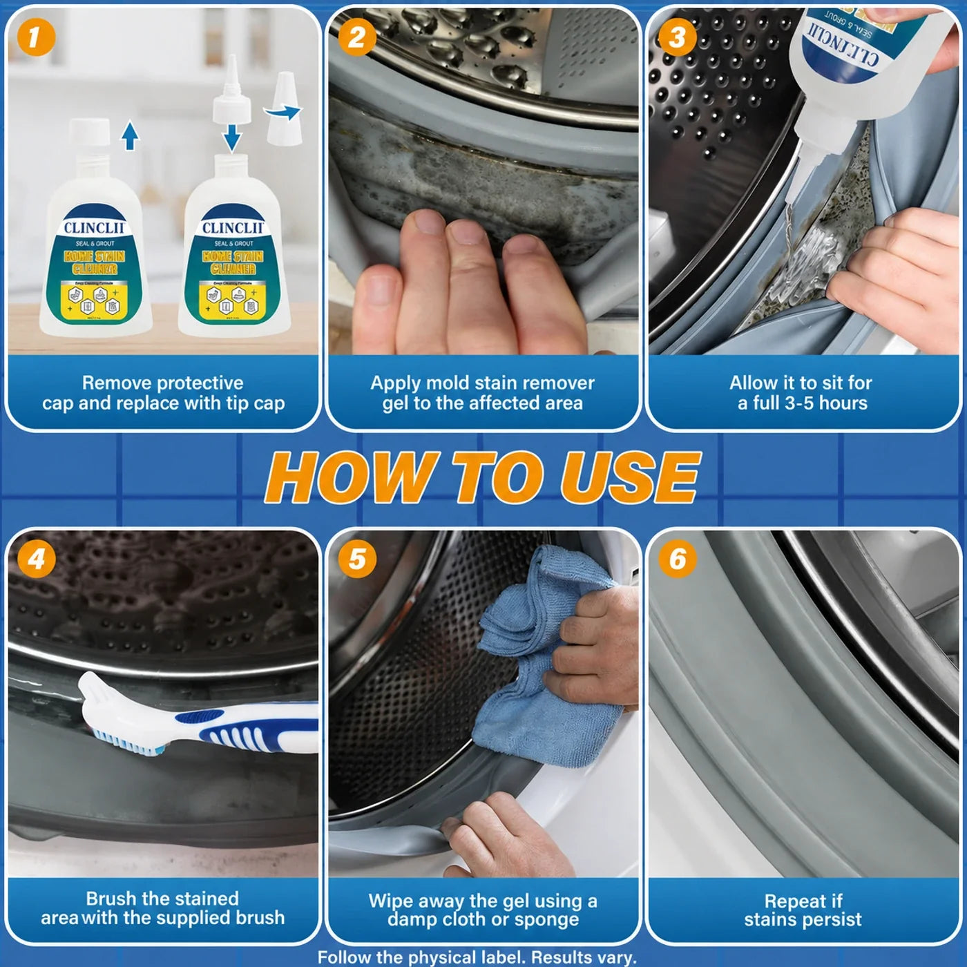Clinclii six-step application guide — apply, wait 3–5 hours, brush and wipe