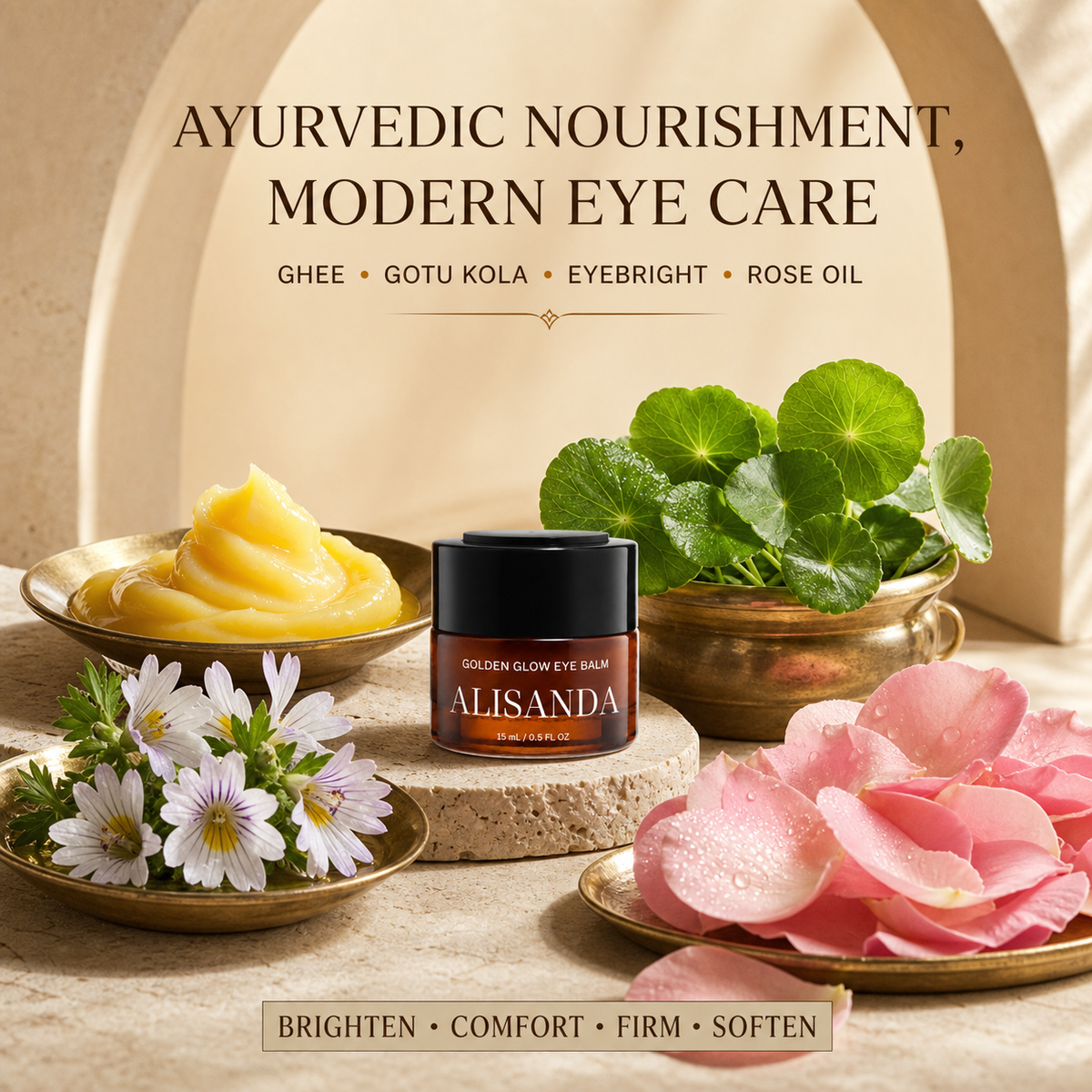 Ghee gotu kola eyebright and rose ingredients in ALISANDA eye balm