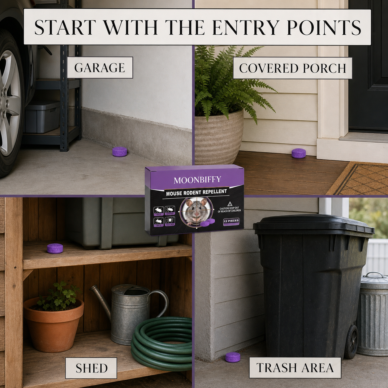 MOONBIFFY placement guide for garage covered porch shed and trash area