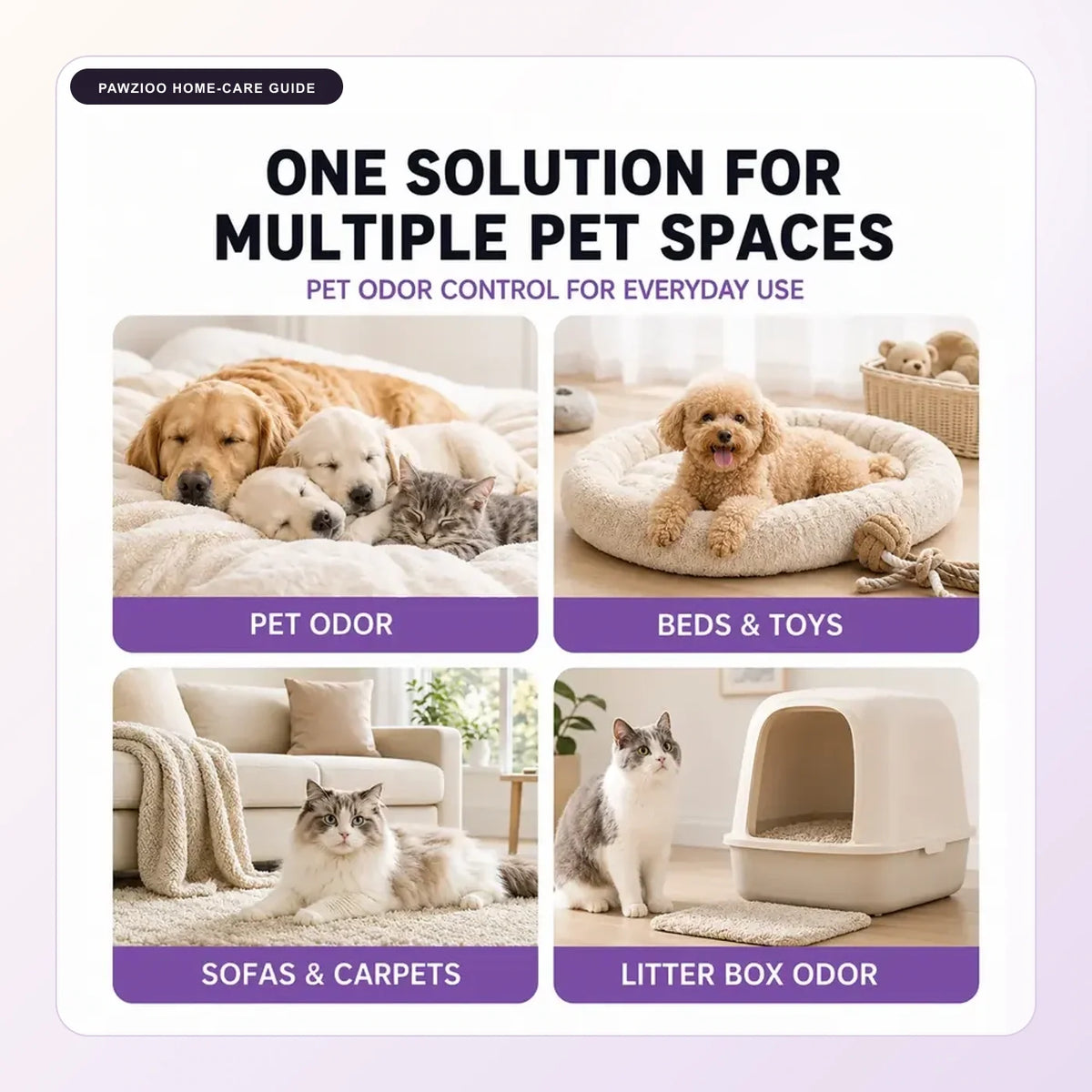 Pet odor control for beds, toys, sofas, carpets and litter areas