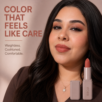 Woman wearing a terracotta rose BBOJI serum lipstick shade