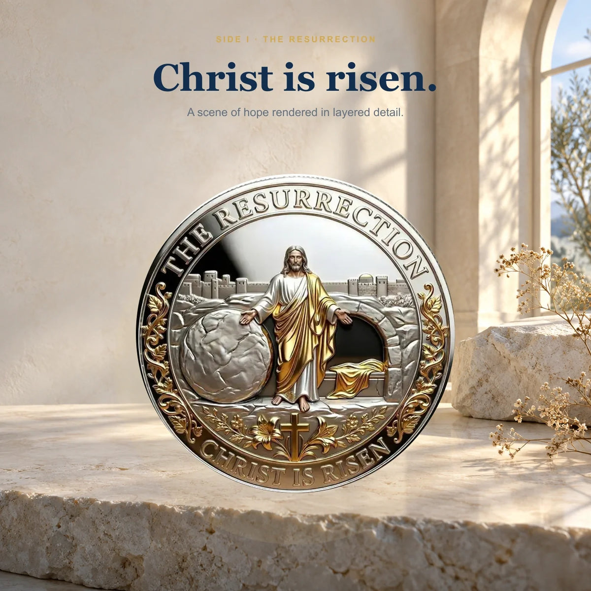 Resurrection side of the commemorative coin — Christ is risen