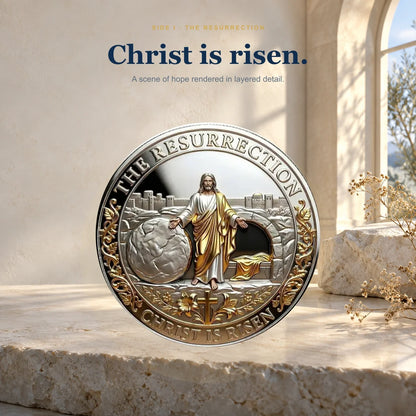 Resurrection side of the commemorative coin — Christ is risen