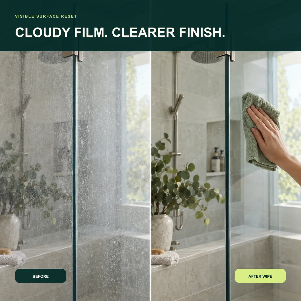Before and after view of cloudy shower glass being wiped clearer