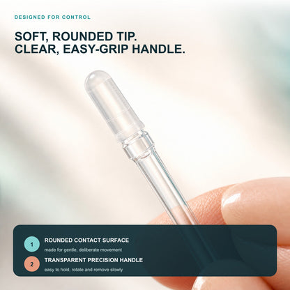 Close view of the soft rounded contact tip and clear handle