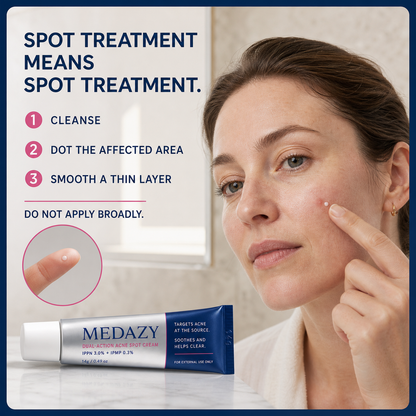Adult woman applying a tiny dot of MEDAZY cream to a facial blemish