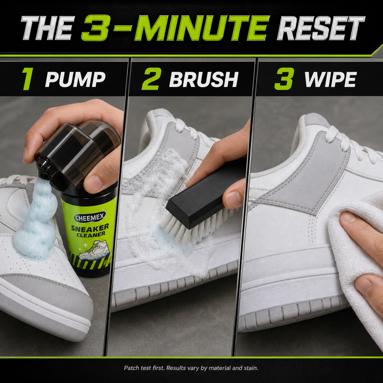 Three-step pump brush and wipe sneaker cleaning method