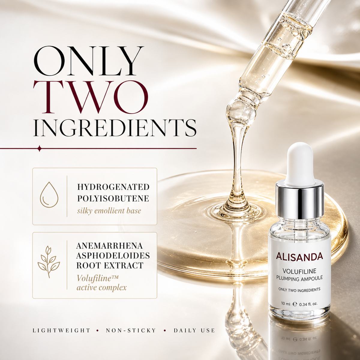 Two ingredient Volufiline formula and silky transparent serum texture