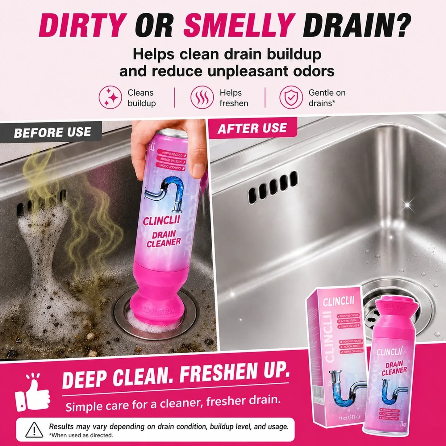 Clinclii foam drain cleaner before and after kitchen sink comparison