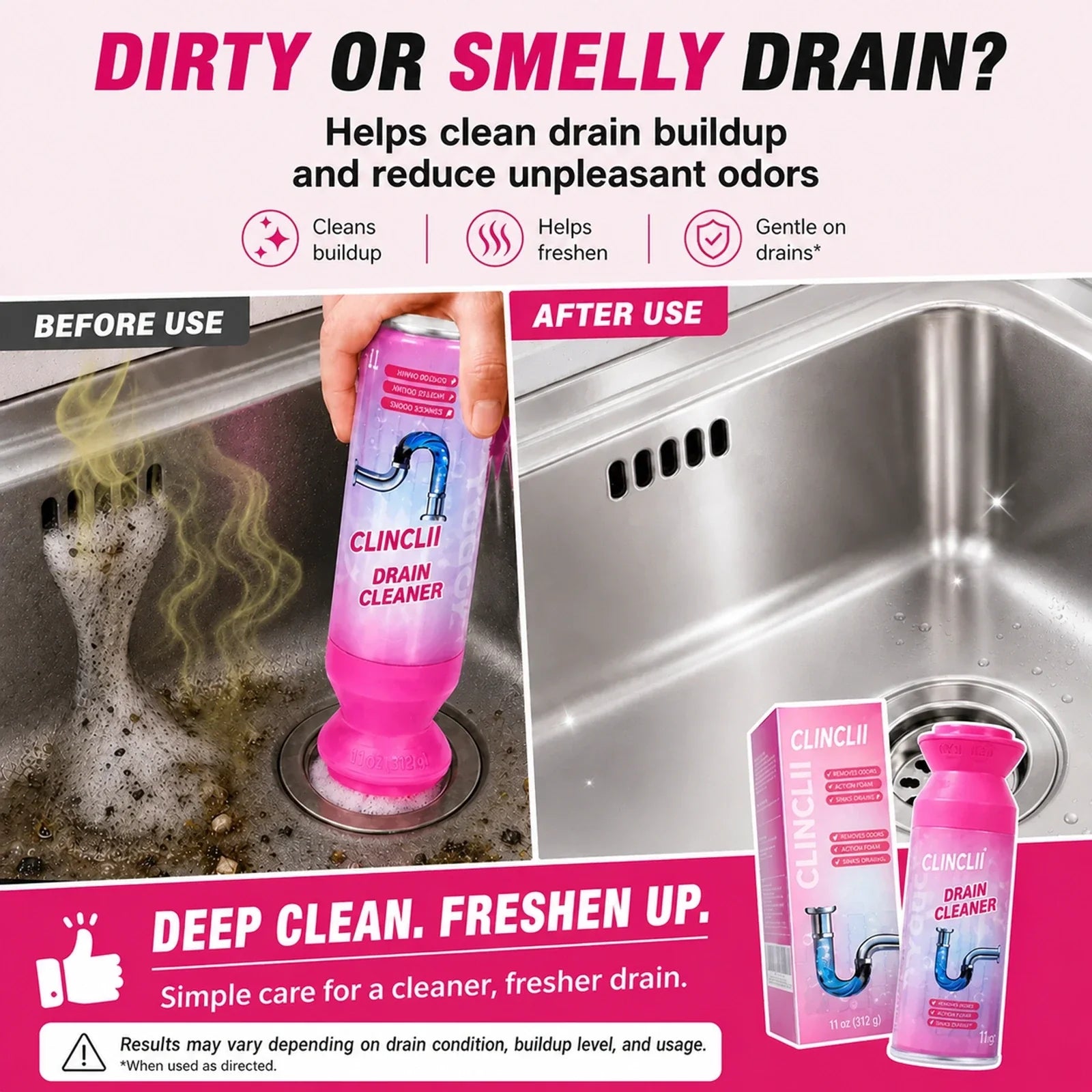 Clinclii foam drain cleaner before and after kitchen sink comparison