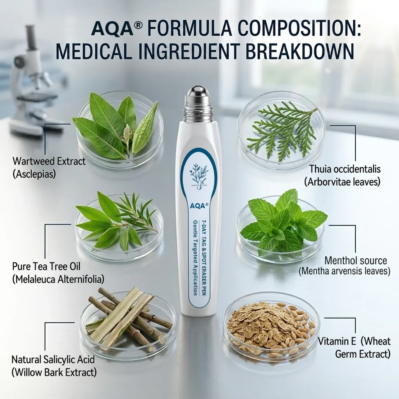 AQA botanical formula highlights with willow bark tea tree thuja menthol and vitamin E