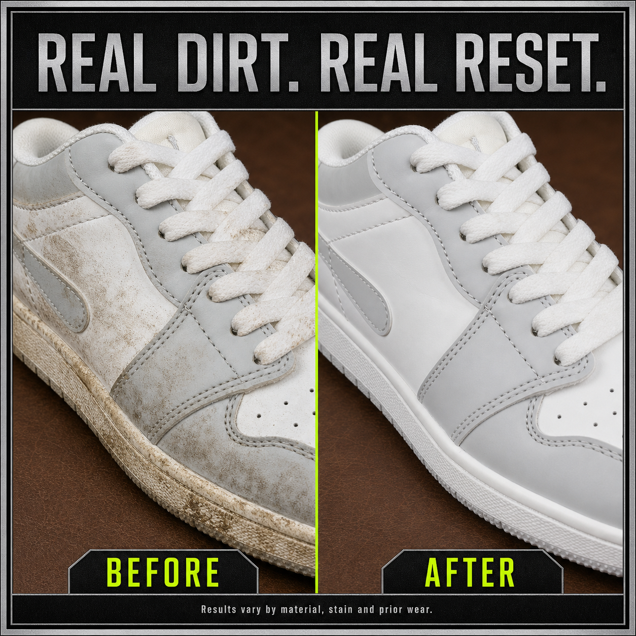 Realistic white sneaker before and after cleaning comparison