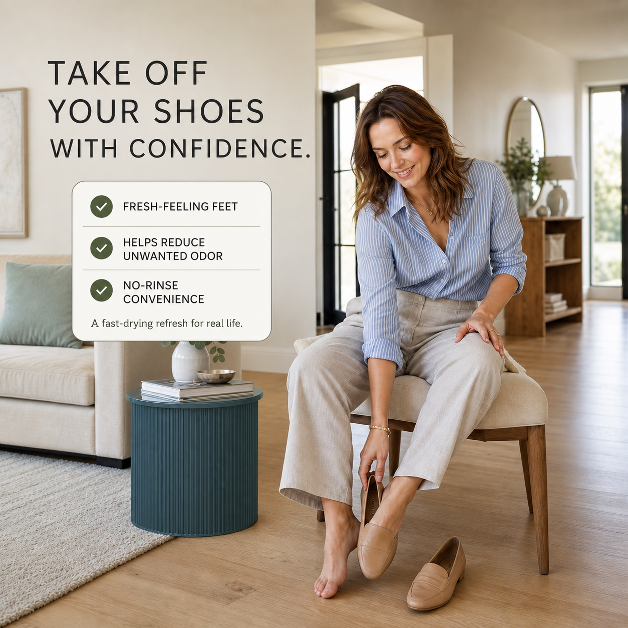 Woman comfortably removing shoes with fresh-feeling foot care benefits