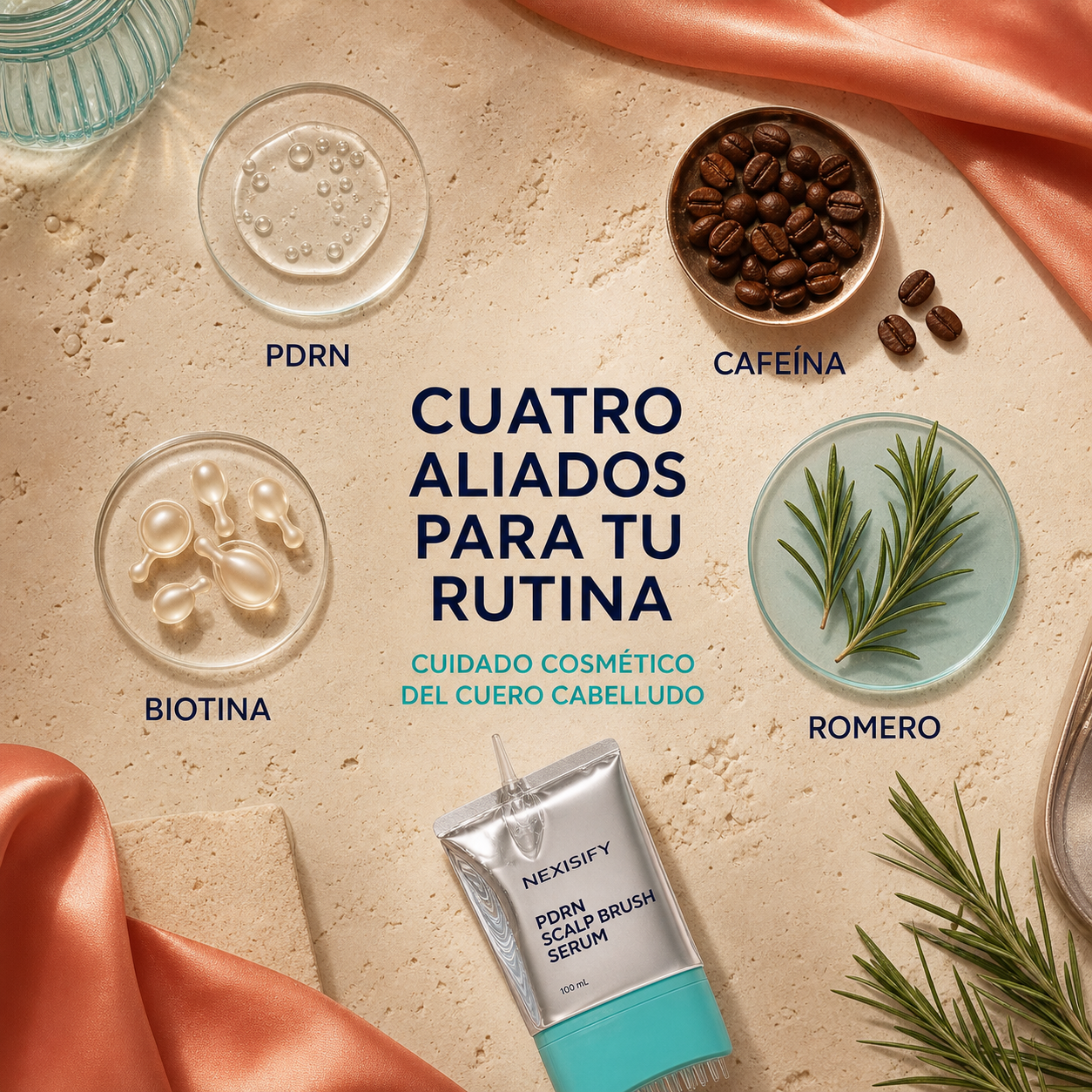Cuatro aliados de cuidado PDRN cafeína biotina y romero