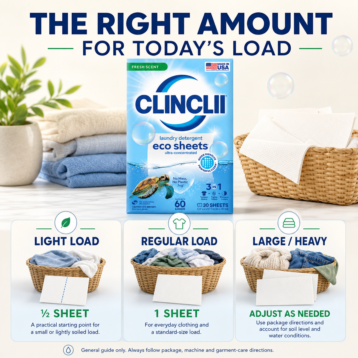 CLINCLII laundry sheet dose guide for light regular and heavy loads in English