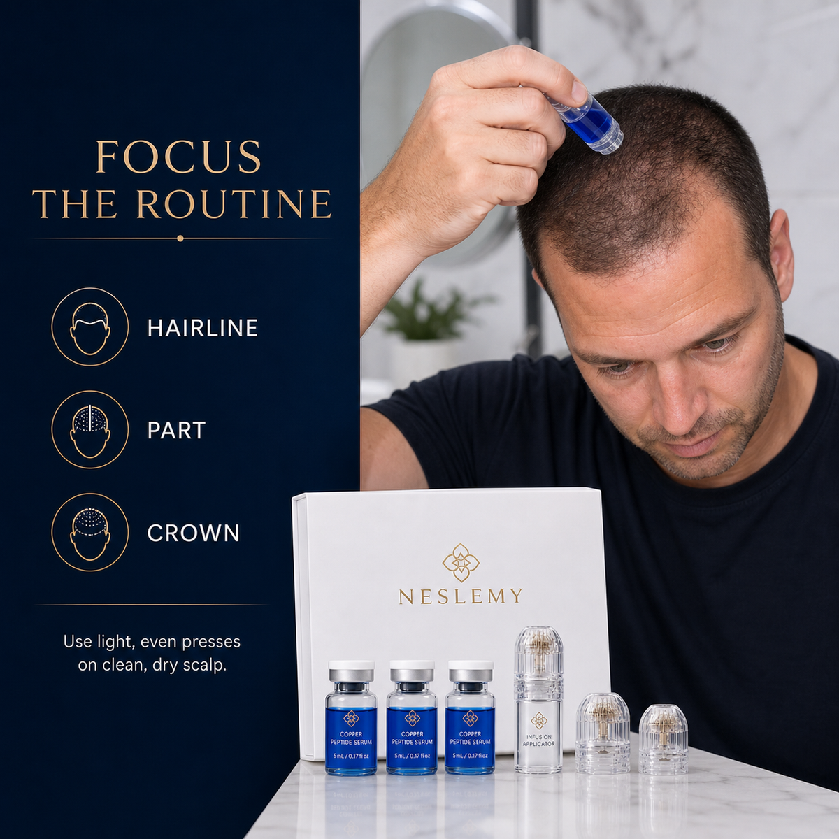 NESLEMY scalp application at the hairline part and crown