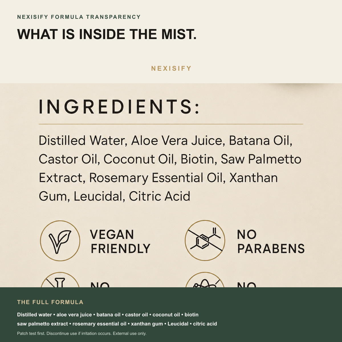 Complete NEXISIFY hair oil spray ingredient list