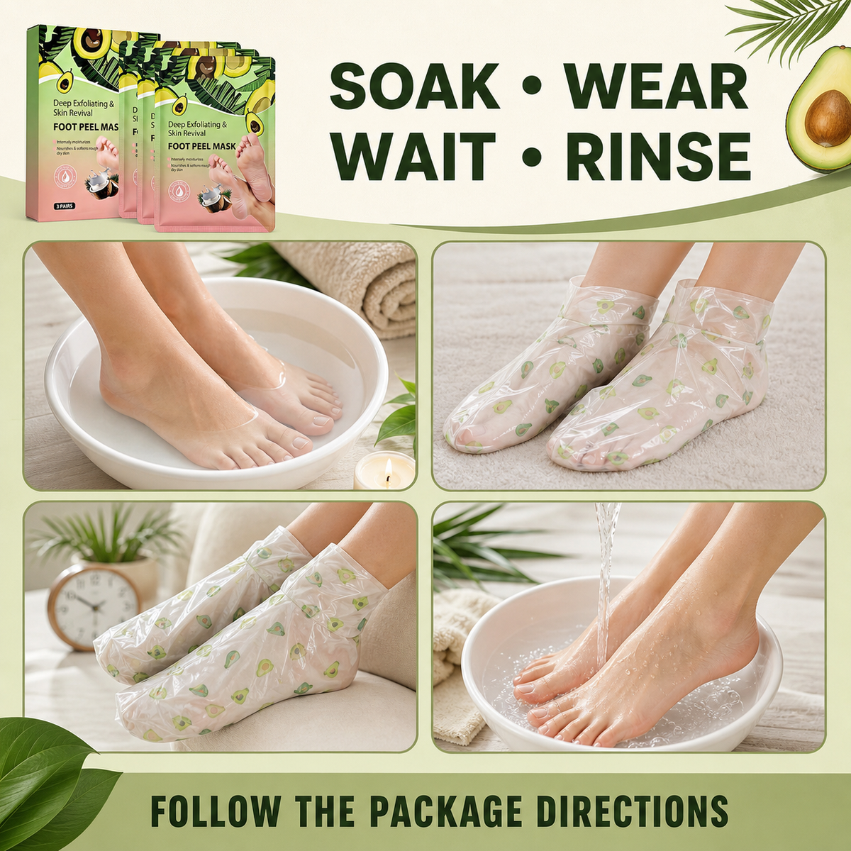 Foot peel mask soak wear wait and rinse directions