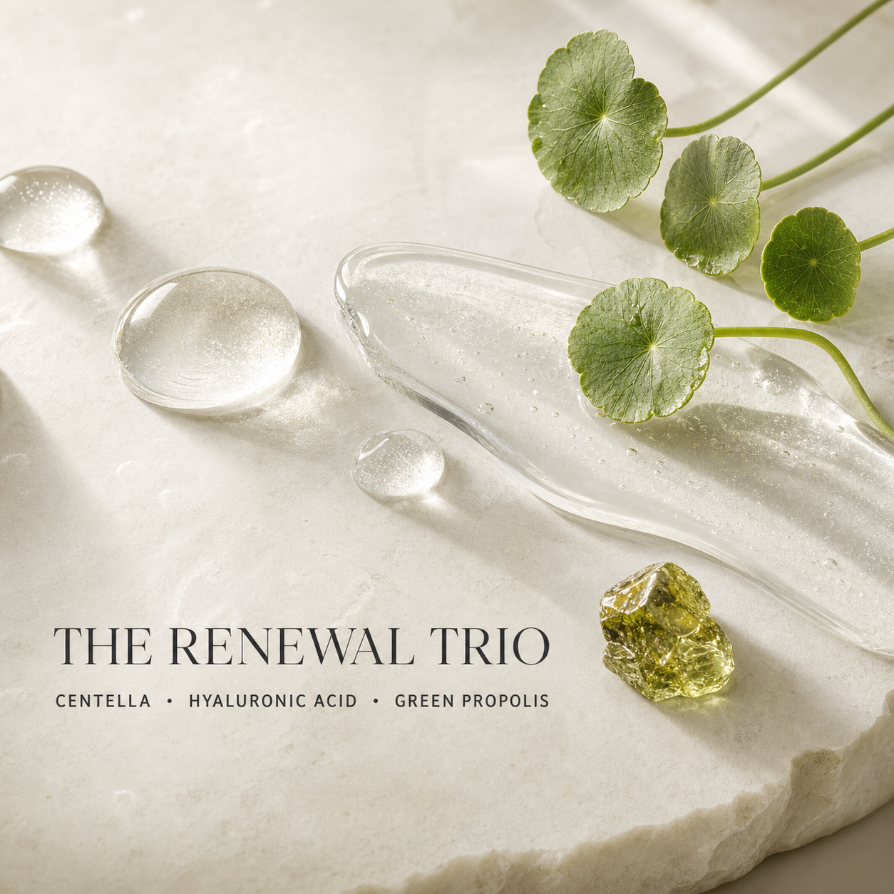 Centella hyaluronic acid and green propolis renewal trio ingredient still life
