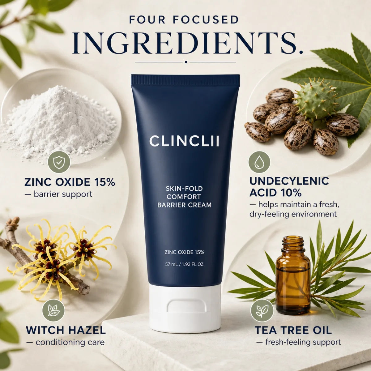 CLINCLII zinc oxide, undecylenic acid, witch hazel and tea tree ingredient story