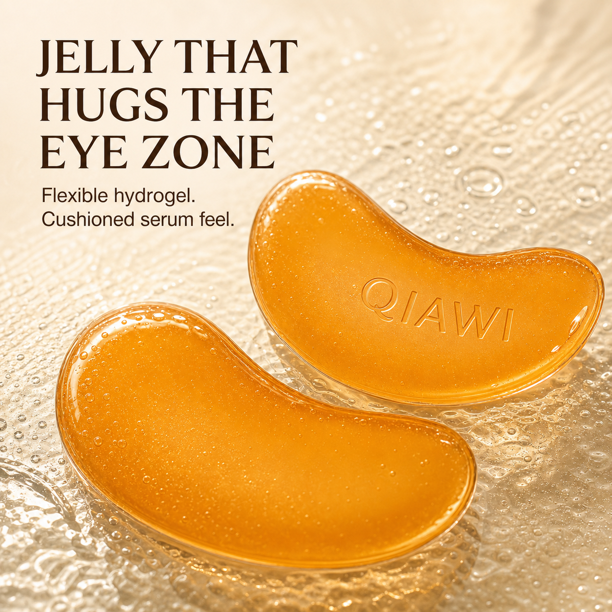 Macro view of two translucent orange QIAWI hydrogel eye patches