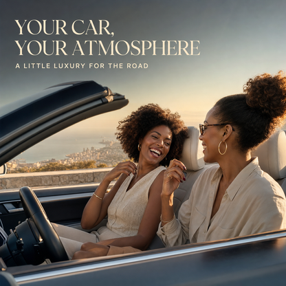 Friends enjoying an elevated road trip atmosphere in a convertible