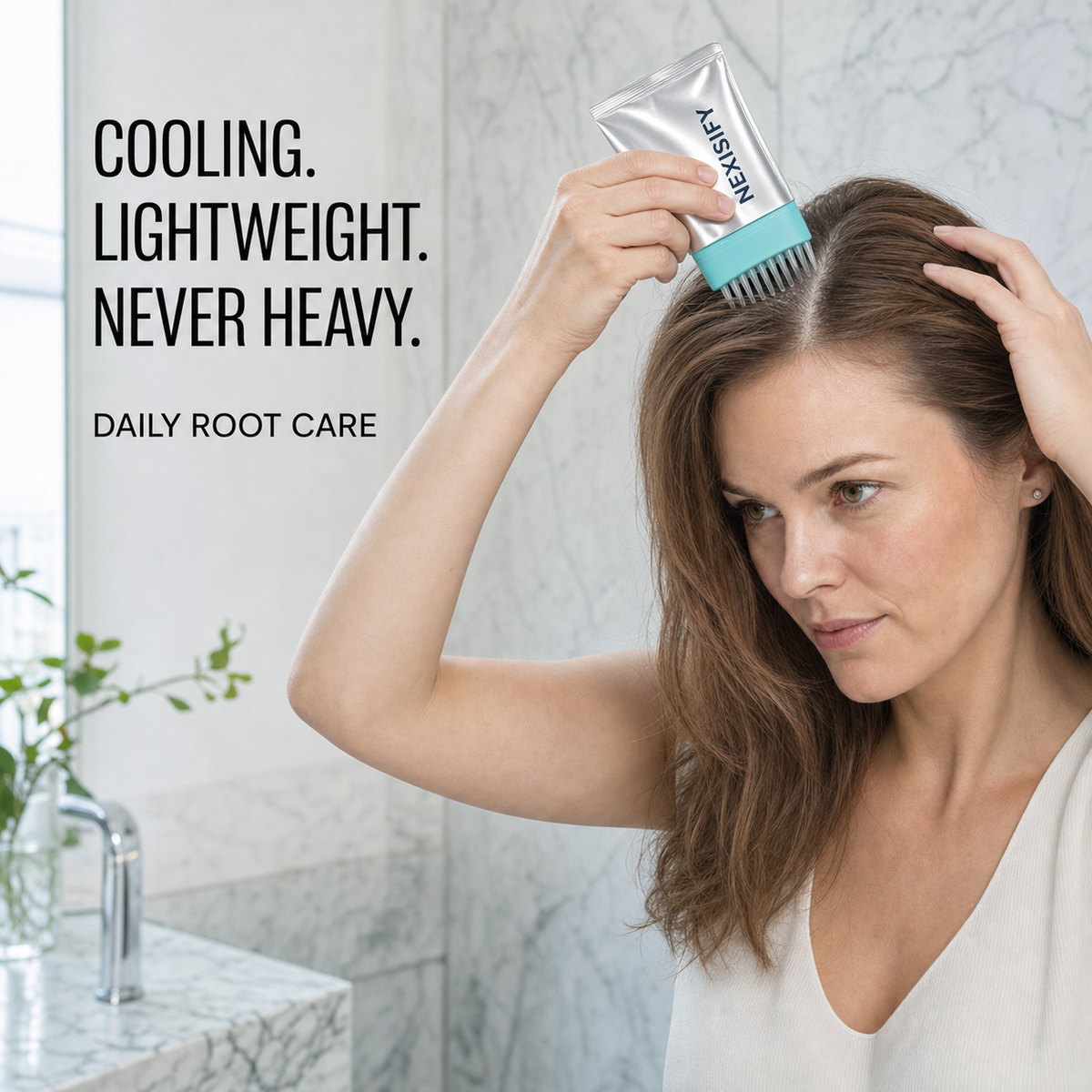 Woman applying NEXISIFY integrated pouch brush directly to a visible scalp part