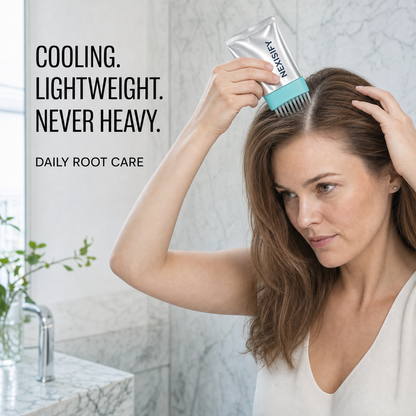 Woman applying NEXISIFY integrated pouch brush directly to a visible scalp part