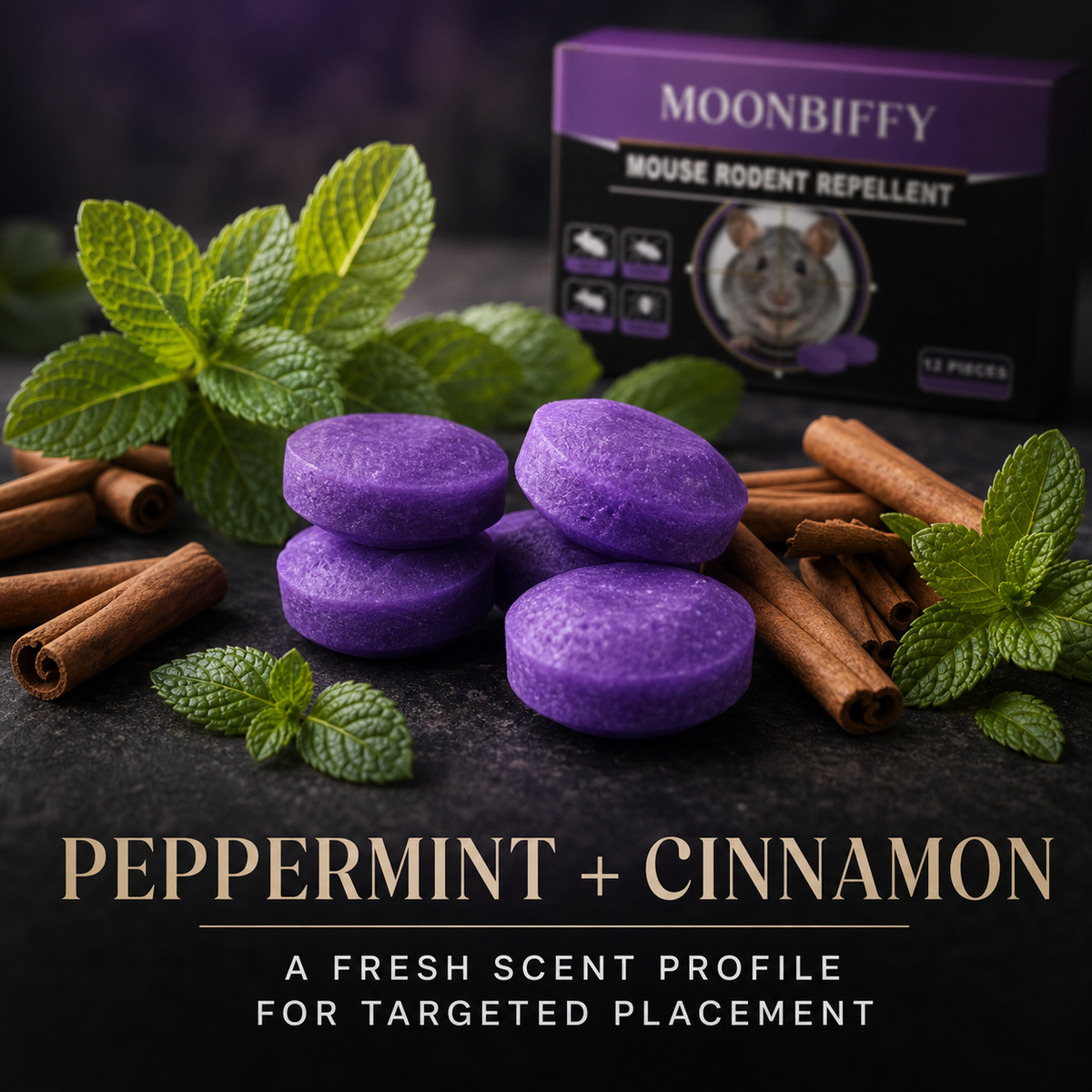 Purple MOONBIFFY pucks with peppermint leaves and cinnamon sticks