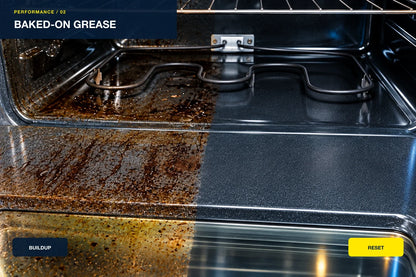 Before and after baked-on oven grease cleaning result