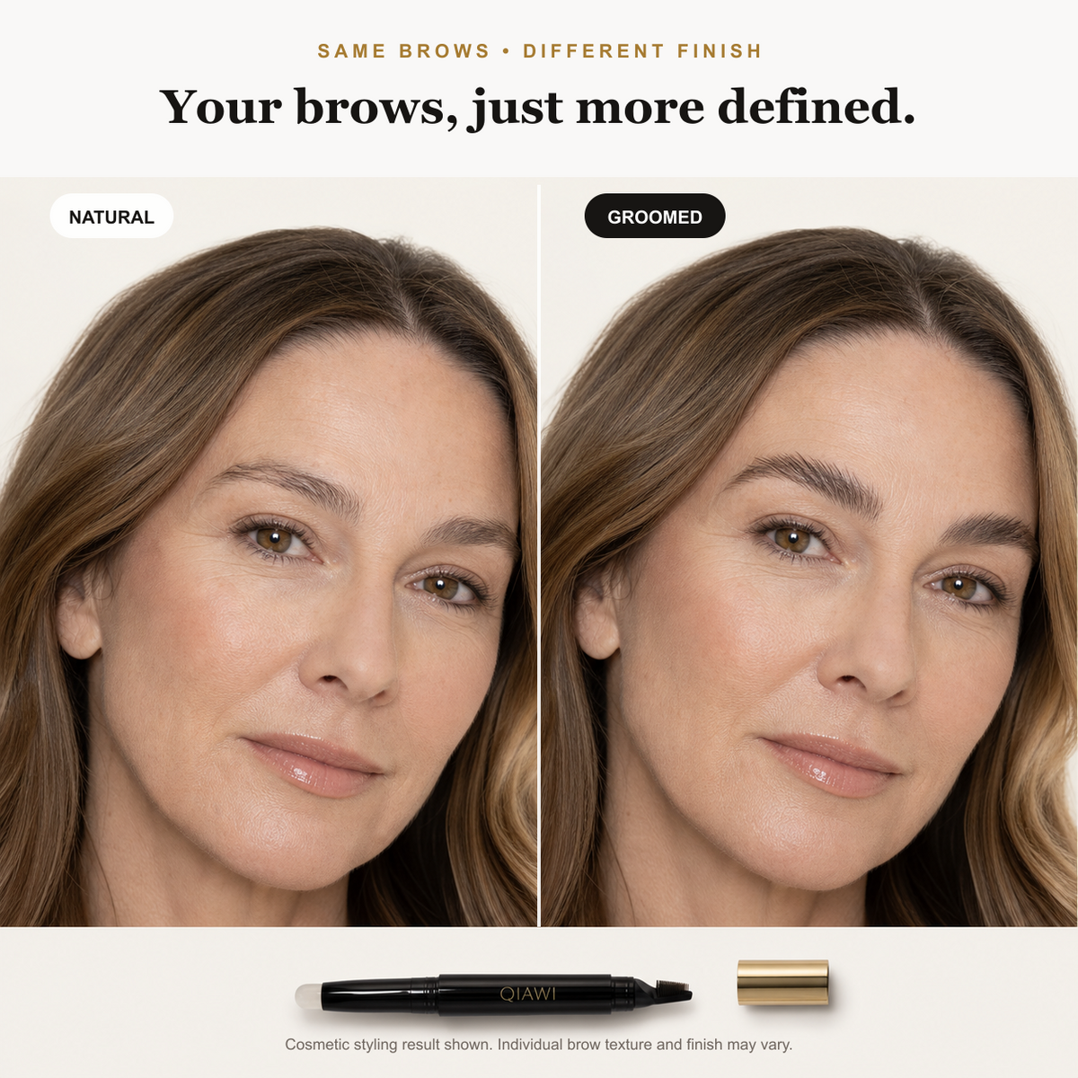 Natural and groomed brow styling comparison