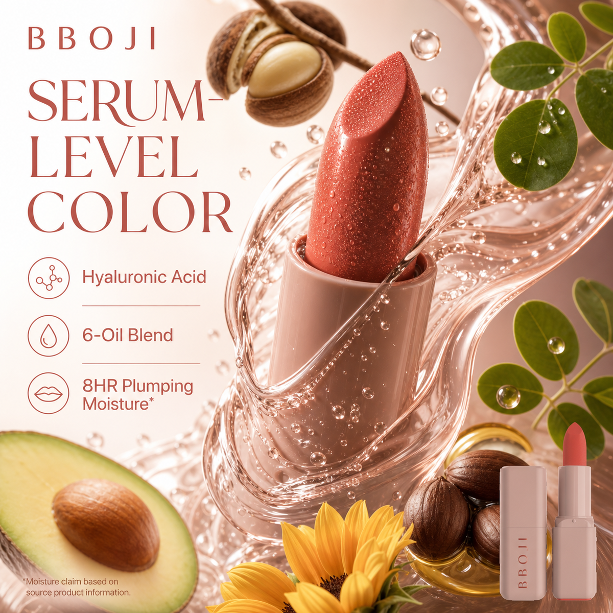 BBOJI serum lipstick with hyaluronic acid and oil blend ingredient story