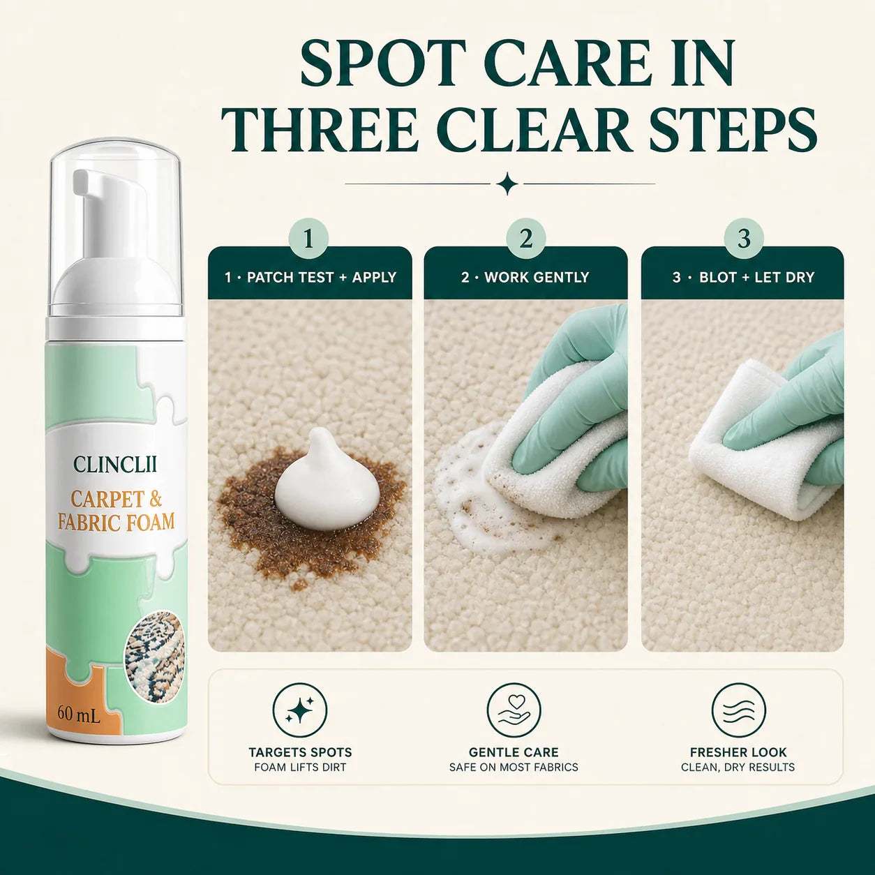 Three-step carpet and fabric foam cleaning method