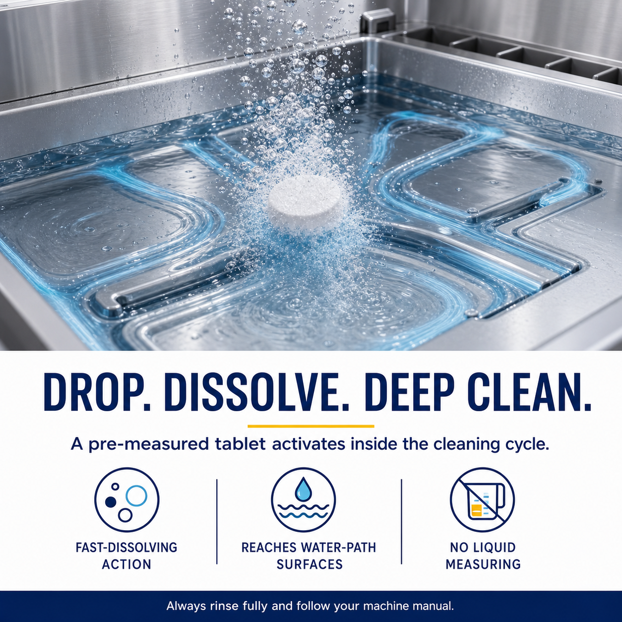 Fast dissolving ice machine cleaning tablet activating in a stainless reservoir